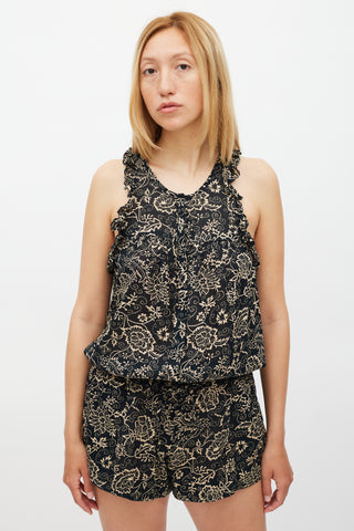 Isabel Marant Étoile Black & Beige Floral Ruffled Trim Romper