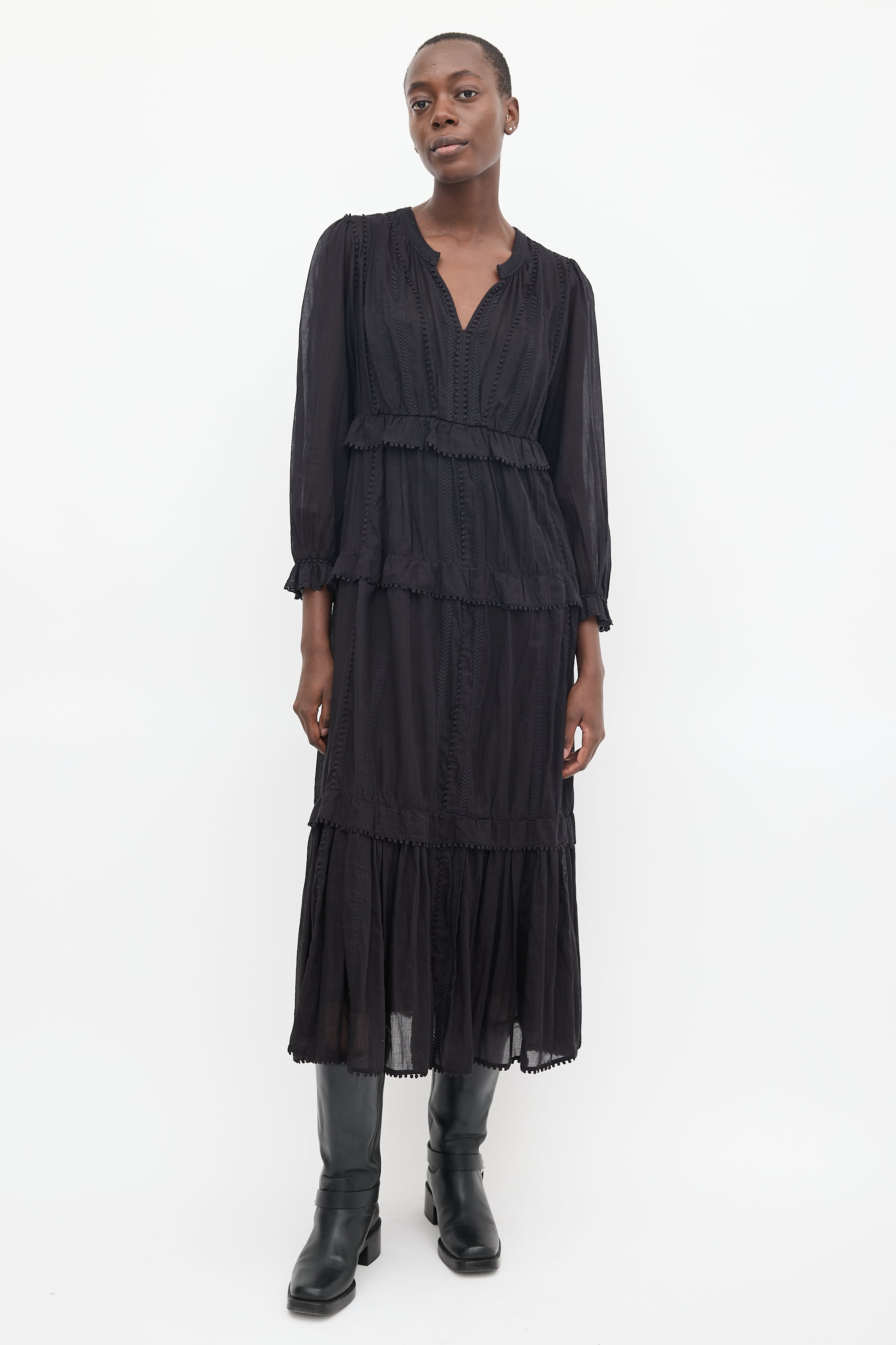 Isabel Marant toile // Black Floral Embroidered Tiered Dress VSP Consignment Isabel Marant toile // Black Floral Embroidered Tiered Dress VSP Consignment
