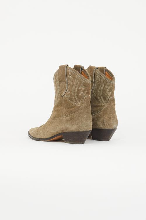 Isabel Marant Étoile Green Dallin Suede Embroidered Western Boot