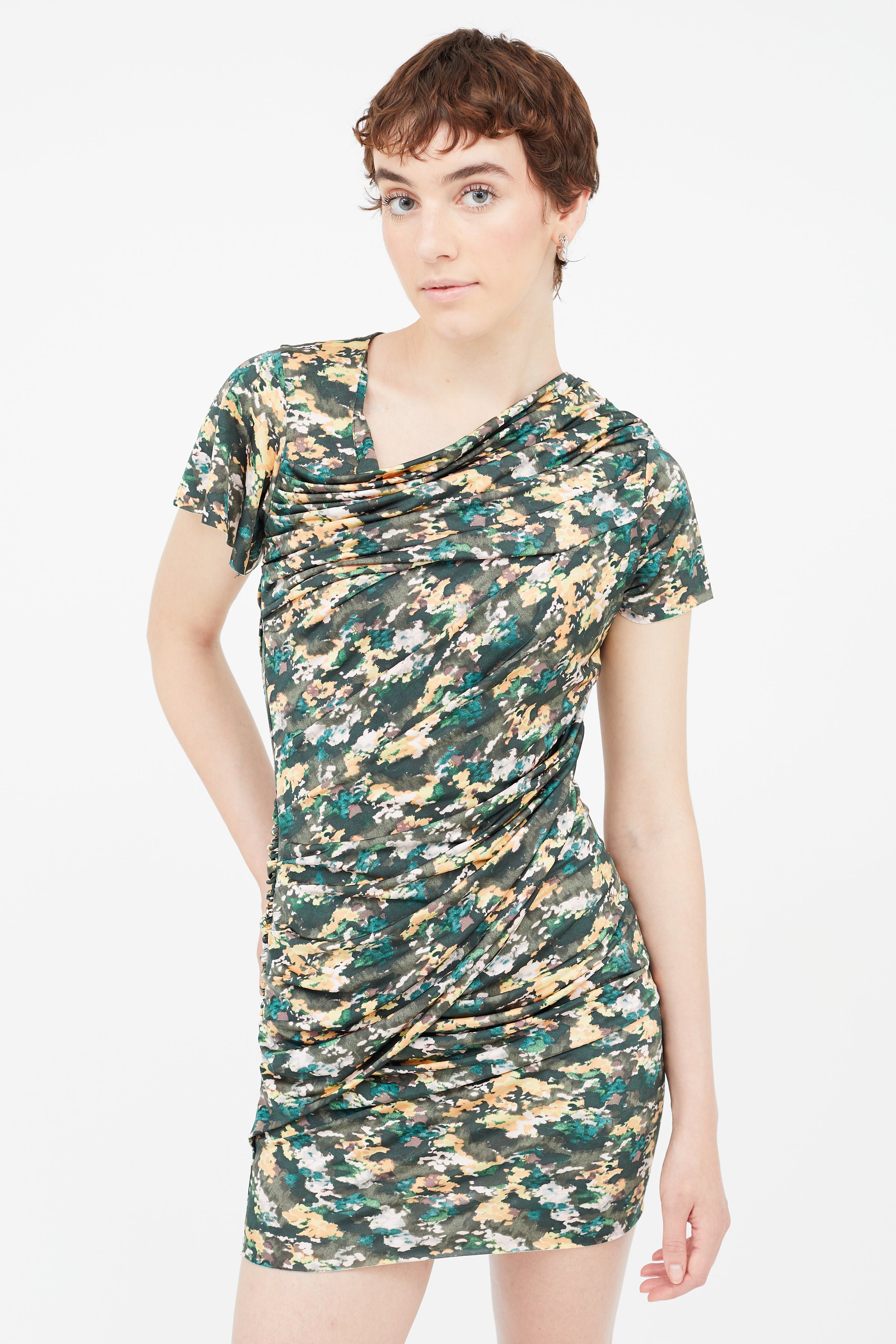 Isabel Marant toile // Green & Multi Floral Ruched Dress VSP Consignment Isabel Marant toile // Green & Multi Floral Ruched Dress VSP Consignment