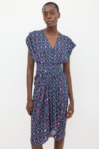 Navy & Pink Almeya Printed V-Neck Dress