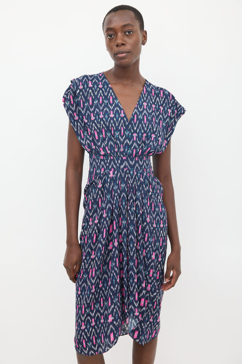 Navy & Pink Almeya Printed V-Neck Dress