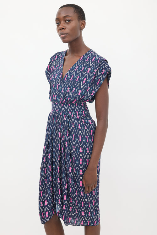 Navy & Pink Almeya Printed V-Neck Dress