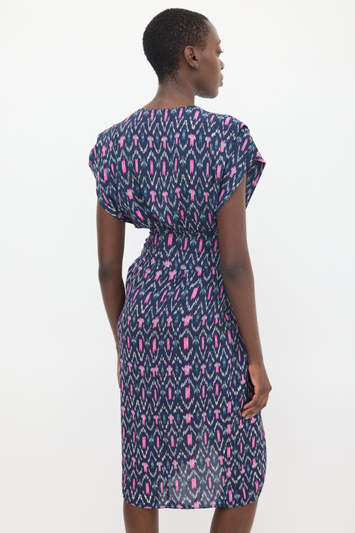 Navy & Pink Almeya Printed V-Neck Dress