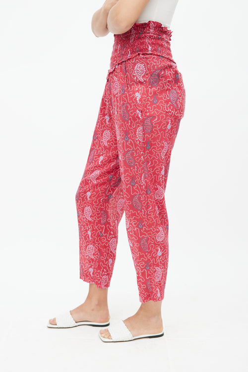 Isabel Marant Étoile Red & Multicolour Print Smocked Trouser