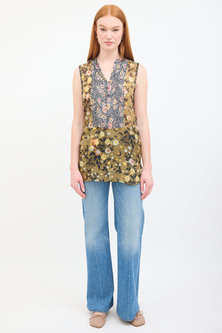 Isabel Marant Green & Multi Silk Floral Sleeveless Blouse