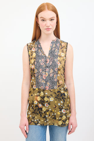 Isabel Marant Green & Multi Silk Floral Sleeveless Blouse