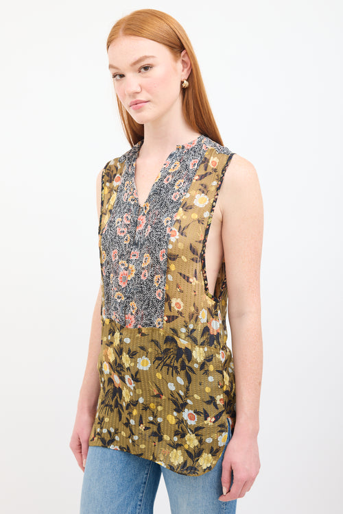 Isabel Marant Green & Multi Silk Floral Sleeveless Blouse