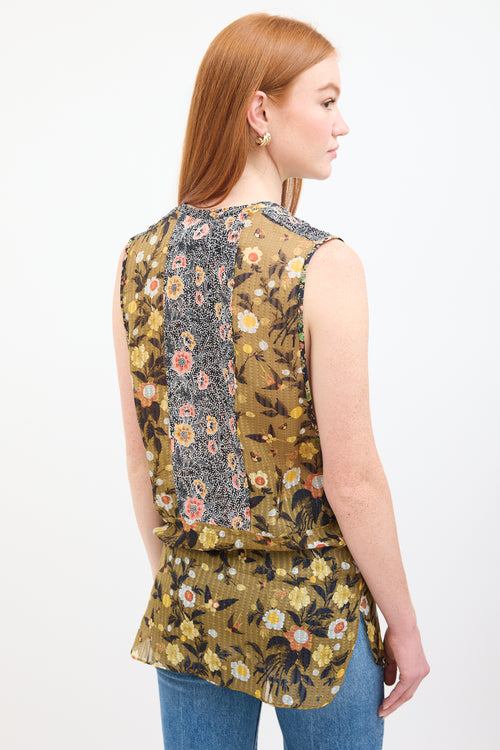 Isabel Marant Green & Multi Silk Floral Sleeveless Blouse