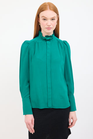 Isabel Marant Green Silk Ruffle  Shirt