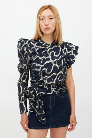 Isabel Marant Navy & Gold Metallic Asymmetrical Top