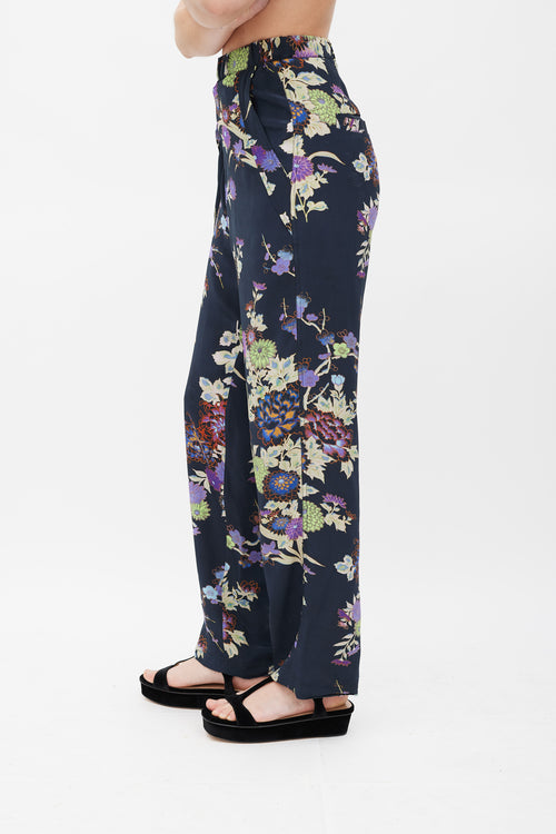 Isabel Marant Navy & Multicolour Silk Floral Trousers
