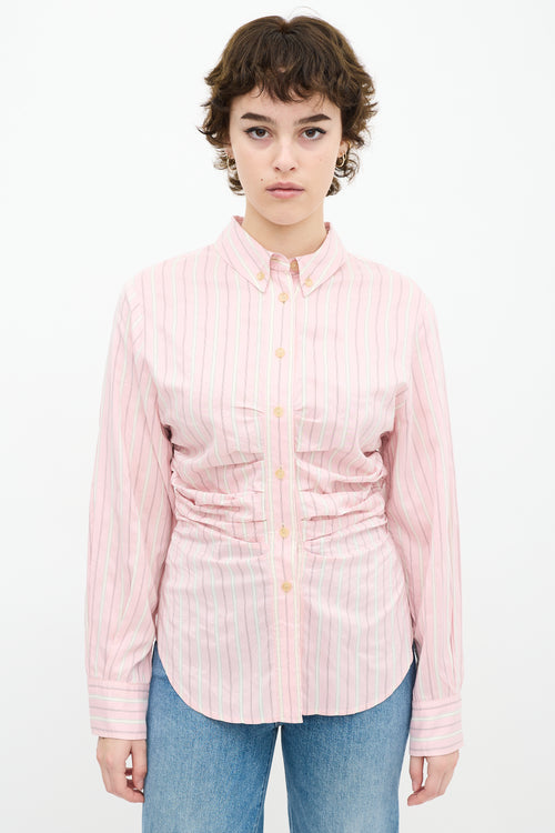 Pink & White Silk Striped Pleated Shirt