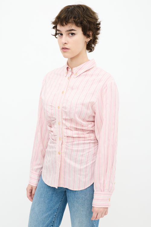 Pink & White Silk Striped Pleated Shirt