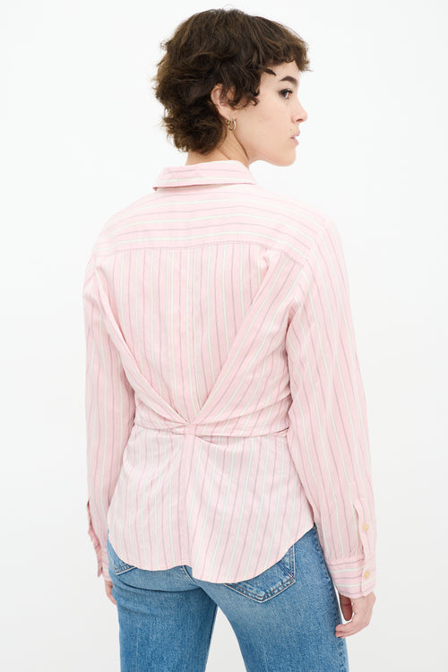 Pink & White Silk Striped Pleated Shirt