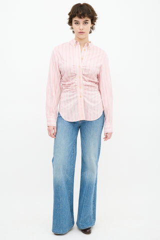 Pink & White Silk Striped Pleated Shirt