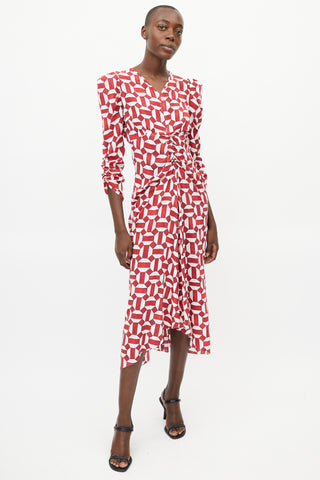 Isabel Marant Red & White Ruched Geometric Dress