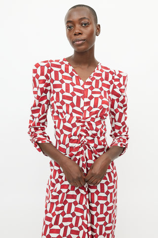 Isabel Marant Red & White Ruched Geometric Dress