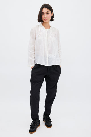 Isabel Marant White Ramie Pleated & Embroidered Top