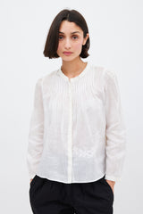 Isabel Marant White Ramie Pleated & Embroidered Top