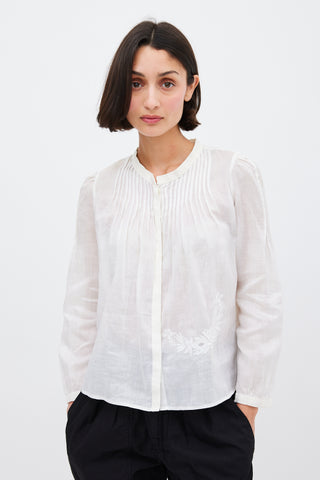 Isabel Marant White Ramie Pleated & Embroidered Top