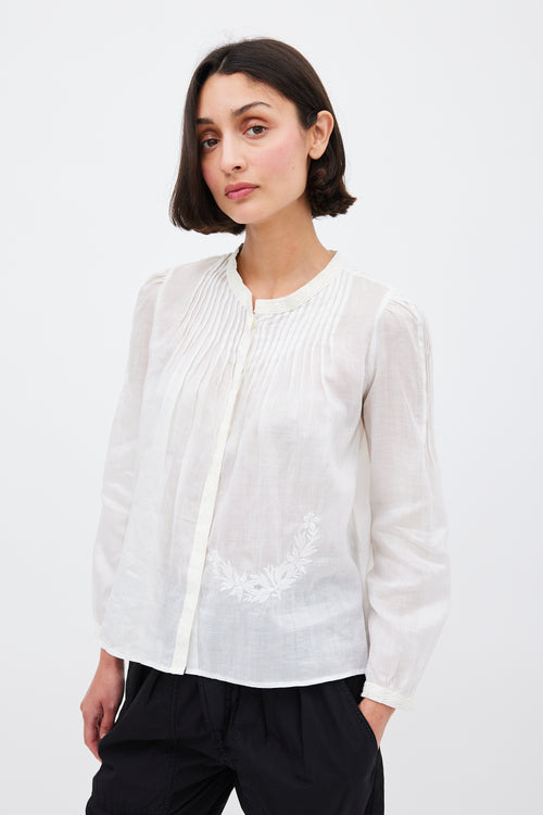 Isabel Marant White Ramie Pleated & Embroidered Top