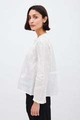 Isabel Marant White Ramie Pleated & Embroidered Top