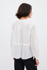 Isabel Marant White Ramie Pleated & Embroidered Top