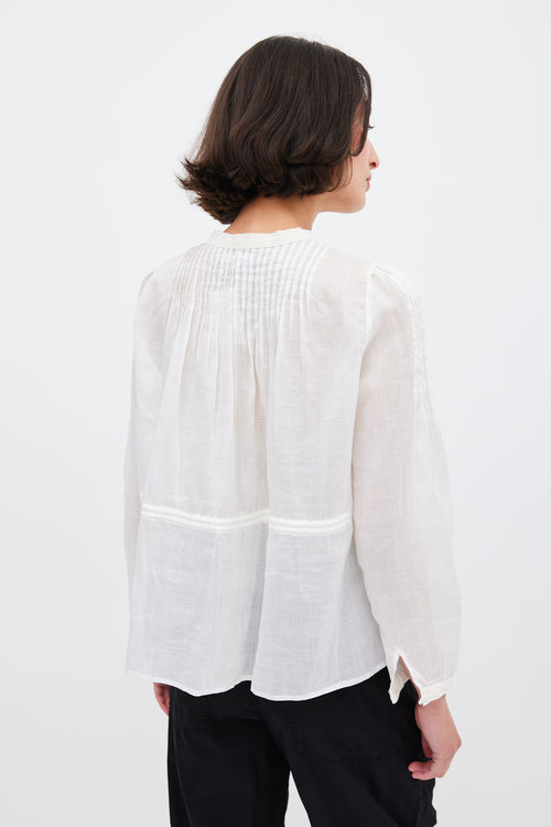 Isabel Marant White Ramie Pleated & Embroidered Top