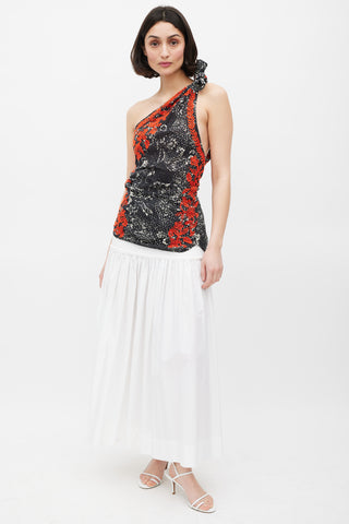 Isabel Marant Black White & Red Floral Embroidered One Shoulder Top