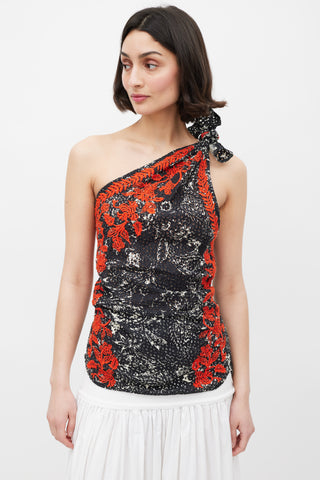 Isabel Marant Black White & Red Floral Embroidered One Shoulder Top