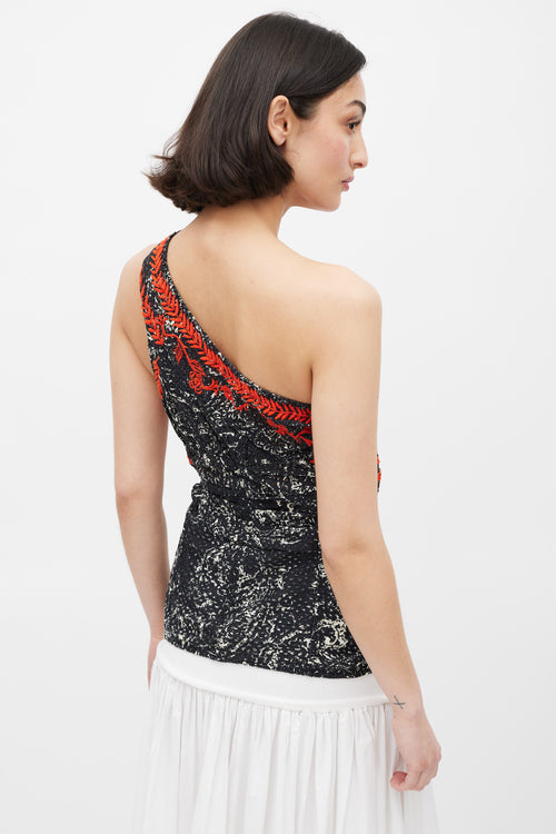 Isabel Marant Black White & Red Floral Embroidered One Shoulder Top