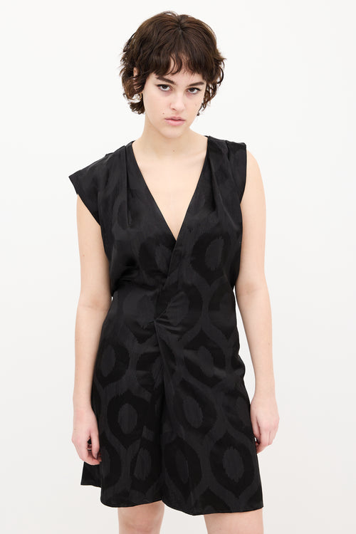 Isabel Marant Black Satin Printed V-Neck Dress