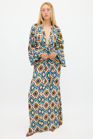 Issa Beige & Multicolour Silk Printed V-Neck Dress