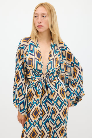 Issa Beige & Multicolour Silk Printed V-Neck Dress