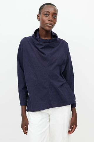 Issey Miyake 1980s Navy Cowl Neck Blouse