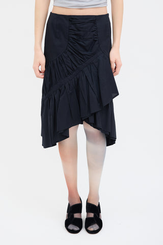 Issey Miyake Black Asymmetrical Ruched Midi Skirt