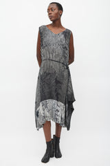 Issey Miyake Black & Grey Pleated Double Wrap Dress