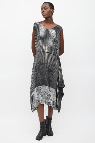 Issey Miyake Black & Grey Pleated Double Wrap Dress