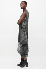 Issey Miyake Black & Grey Pleated Double Wrap Dress