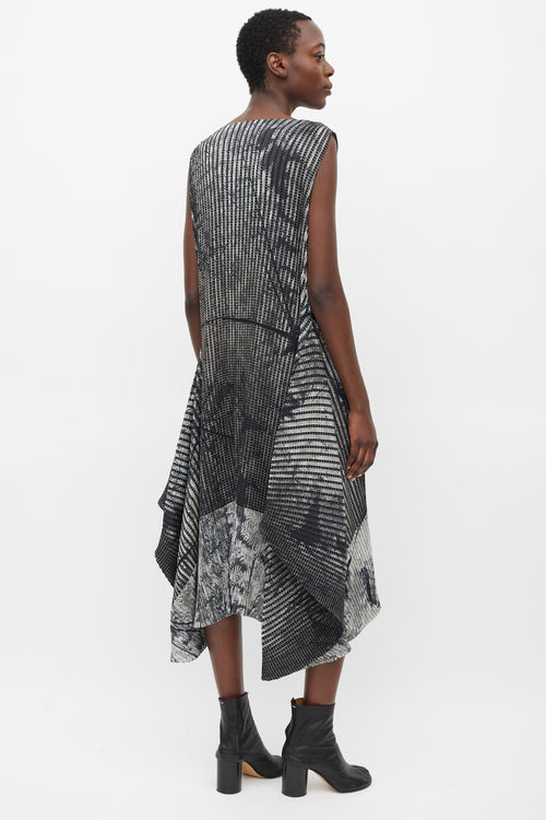 Issey Miyake Black & Grey Pleated Double Wrap Dress
