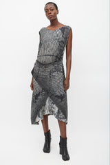 Issey Miyake Black & Grey Pleated Double Wrap Dress