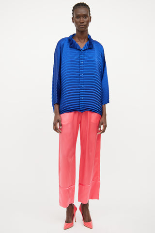 Issey Miyake Blue Pleated Wide Sleeve Cardigan
