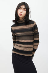 Issey Miyake Brown & Black Striped Ribbed Turtleneck