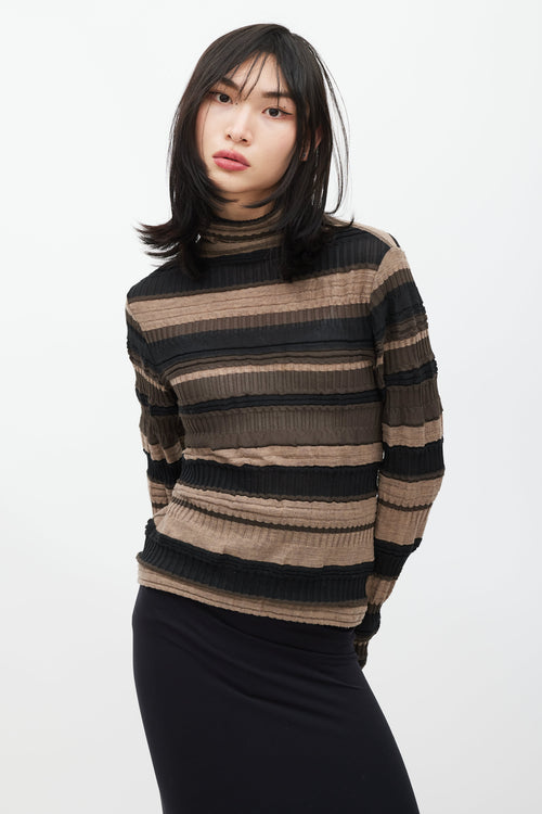 Issey Miyake Brown & Black Striped Ribbed Turtleneck