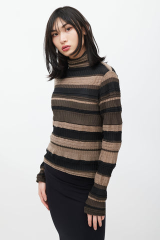 Issey Miyake Brown & Black Striped Ribbed Turtleneck