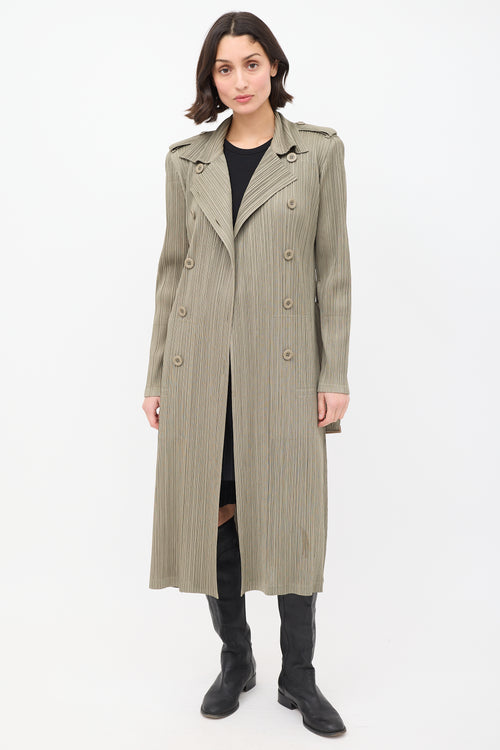 Pleats Please Issey Miyake Khaki Green Pleated Belted Trench Coat