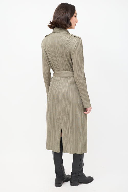 Pleats Please Issey Miyake Khaki Green Pleated Belted Trench Coat