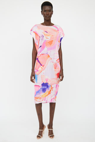 Pleats Please Issey Miyake Pink & Orange Water Colour Pleated Dress