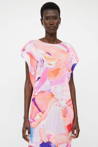 Pleats Please Issey Miyake Pink & Orange Water Colour Pleated Dress